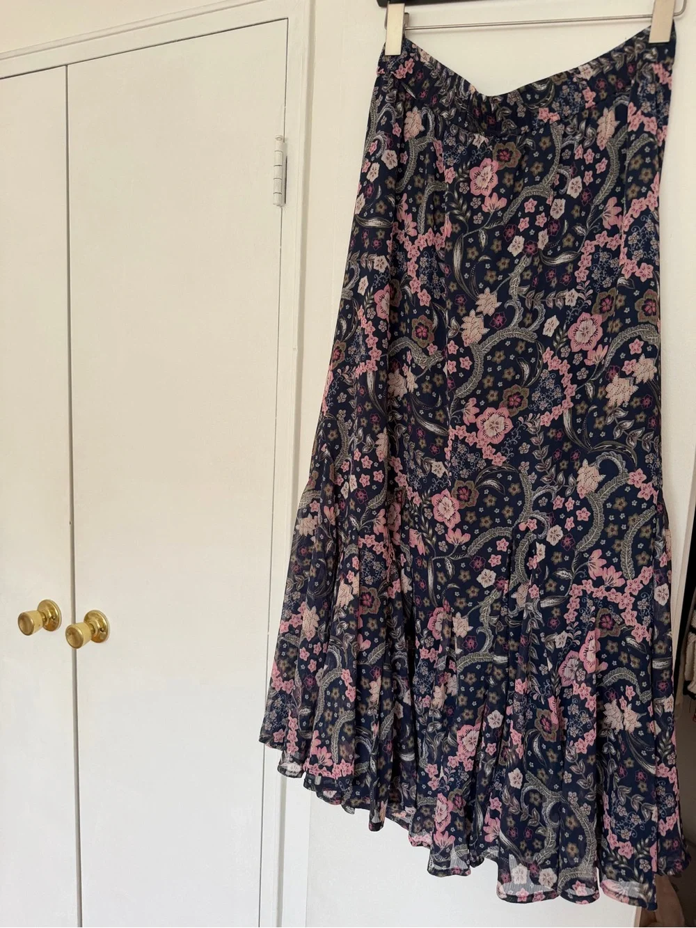 LOFT Navy Skirt with Pink Floral Paisley Print